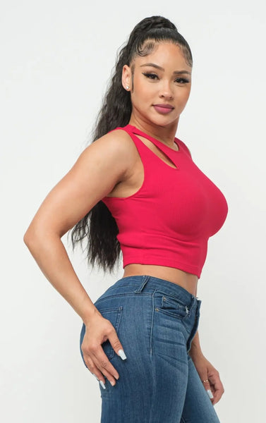Red Front Shoulder Cut Out Top