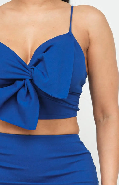 Royal Blue Ribbon Tie Top Mini Skirt Set