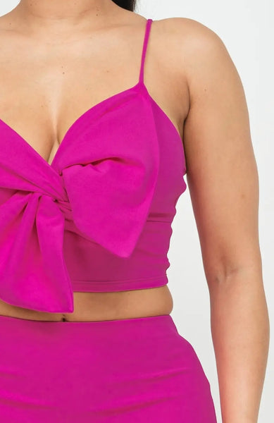 Fuchsia Ribbon Tie Top Mini Skirt Set