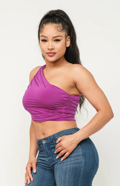 Magenta One Shoulder Ruched Crop Top