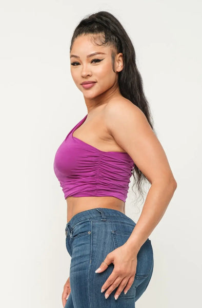 Magenta One Shoulder Ruched Crop Top