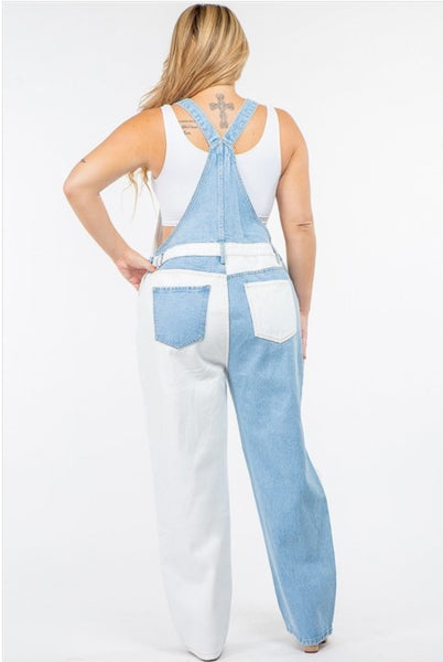 Curvy Color Block Denim Overalls