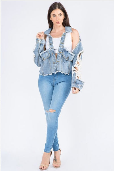 Cut Out Shoulder Denim Jacket
