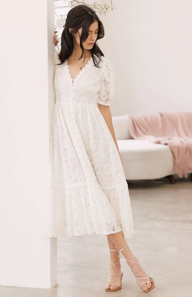 White Lace Bubble Sleeve Midi